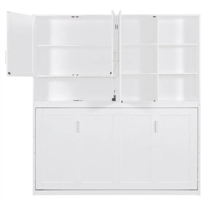 Twin Size Murphy Wall Bed with Top Cabinet and Light, Space Saving Foldable Murphy Cabinet Bed with USB Ports & Storage Shelves