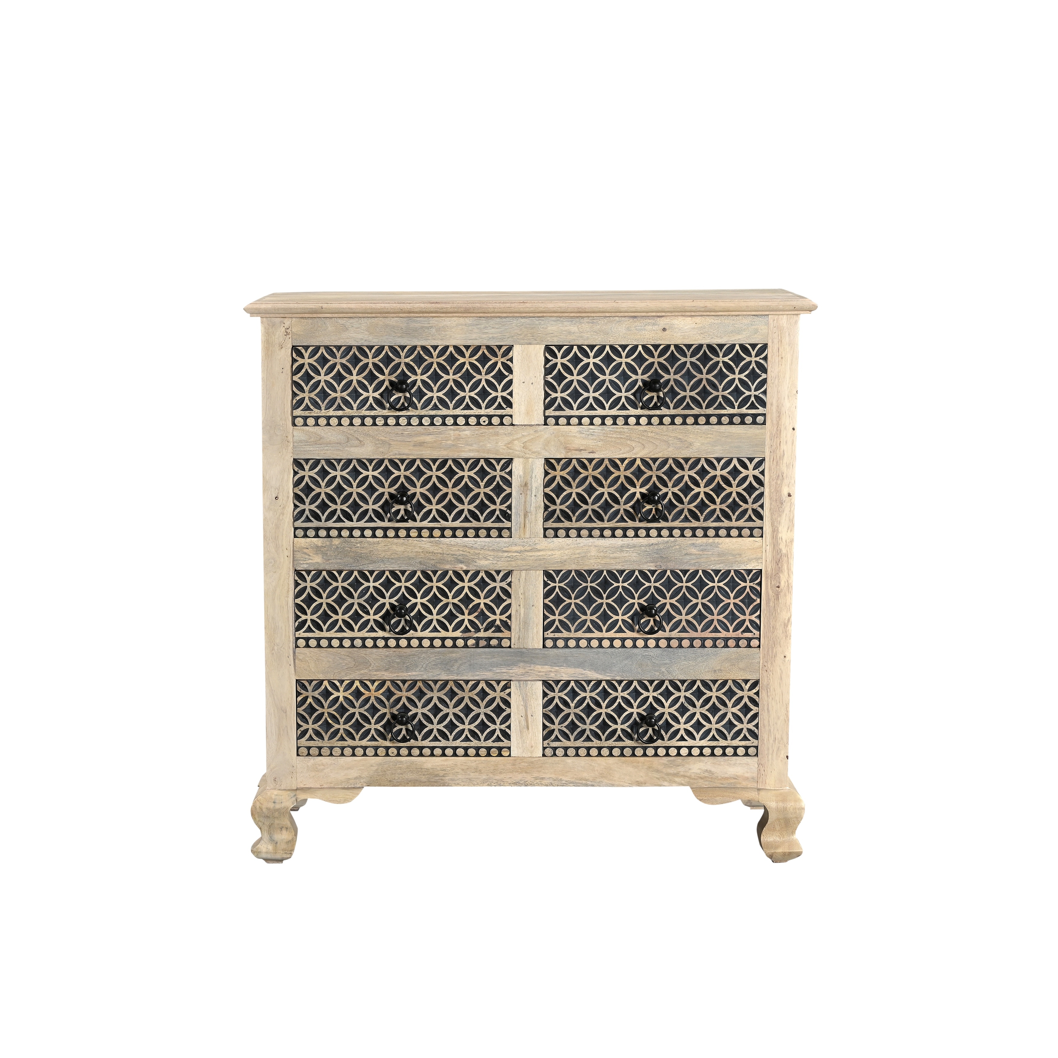Edmond Solid Mango Wood 8-Drawer Chest with Carved Geometric Fronts