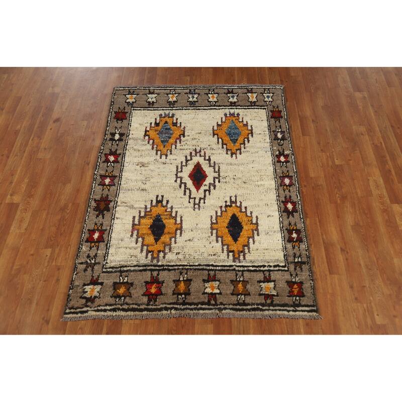 Geometric Moroccan Oriental Rug Handmade Beige Wool Carpet - 4'0" x 5'8"