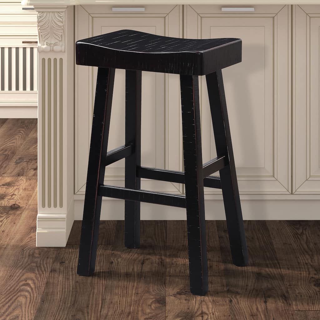 Traditional Solid Wooden Stool Set of 2pc, Contour Seat Black 29"H