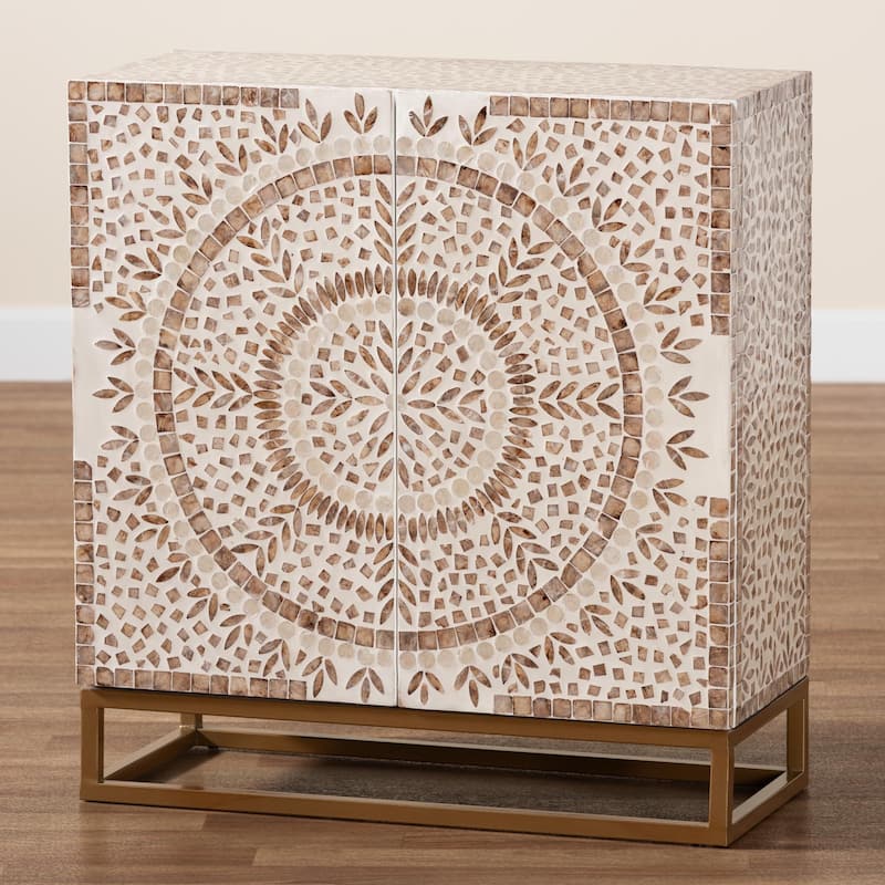 Ercilia Modern Bohemian White and Rustic Brown Mother of Pearl Storage Cabinet