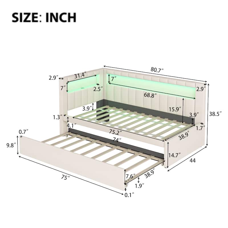Twin Size Upholstered Platform Bed with USB Ports, LED Lighting, and Trundle, White