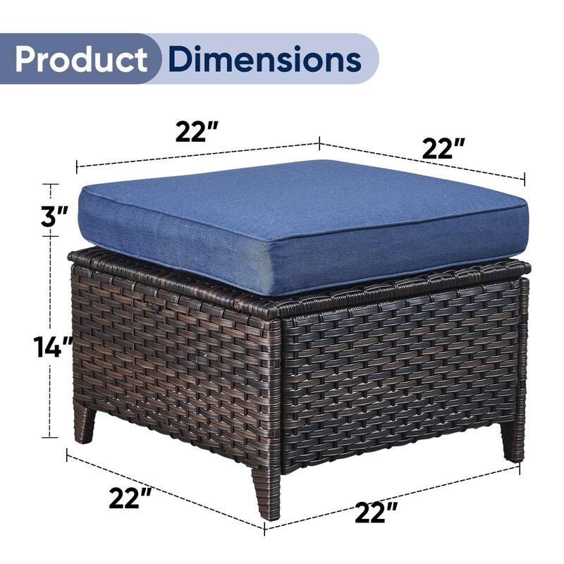 Outdoor Patio Footstool Ottomans with Cushion Brown-Blue - Brown
