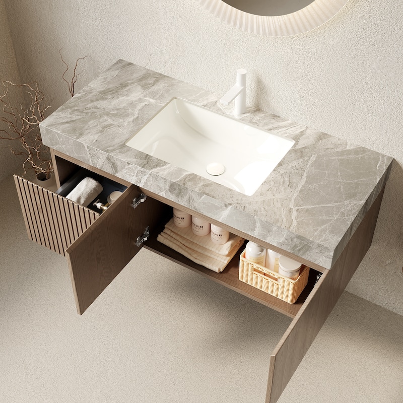 Floating Bathroom Vanity with Sintered Stone Top & Undermount Ceramic Basin with Single Pre-drilled Faucet Hole