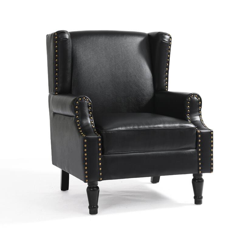 Mid-Century Modern Linen/ Vegan Leather Wing Back Accent Chair