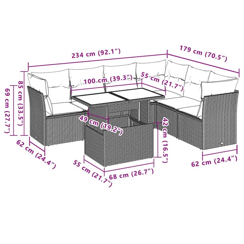 vidaXL Patio Sofa Set with Cushions Outdoor Furniture 7 Piece Poly Rattan - 21.7 x 39.4 x 28.7 in
