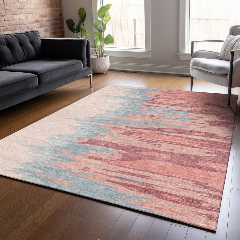 Machine Washable Indoor/ Outdoor Brushstrokes Ombre Chantille Rug - Coral - 8' x 10'