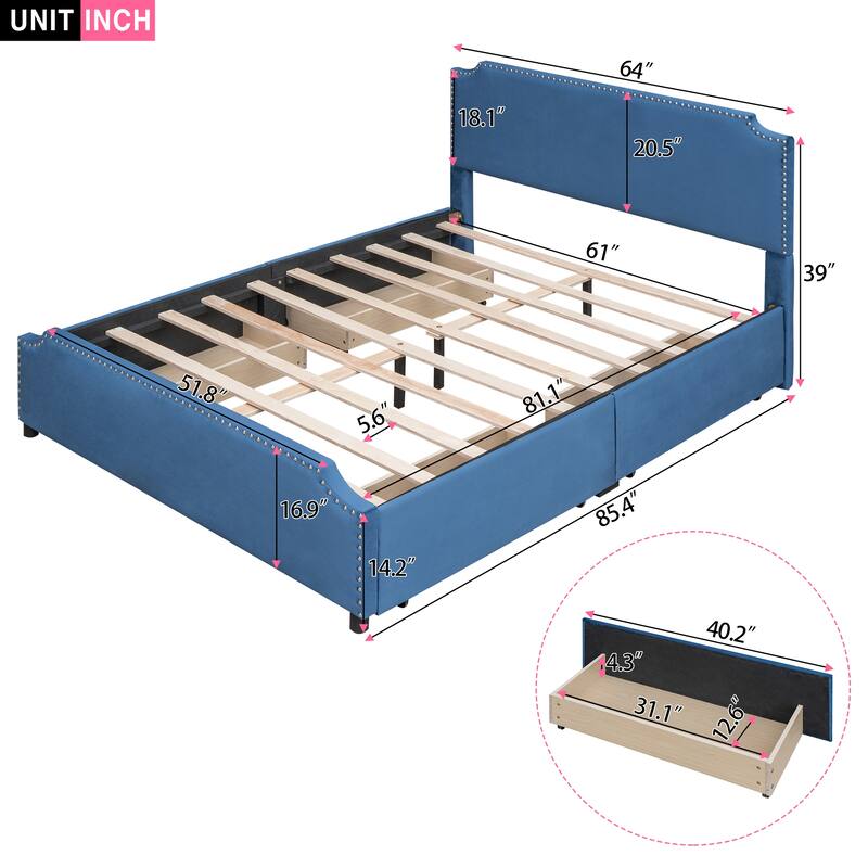 Upholstered Platform Bed with Stud Trim and 4 Drawers