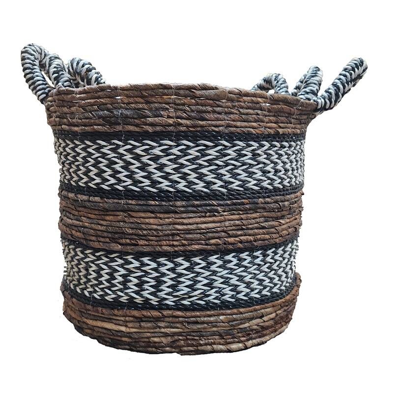 Hylde Hand Woven Tri-Colored Banana Stalk and Cotton Patterened Nesting Storage Baskets, Set of 3