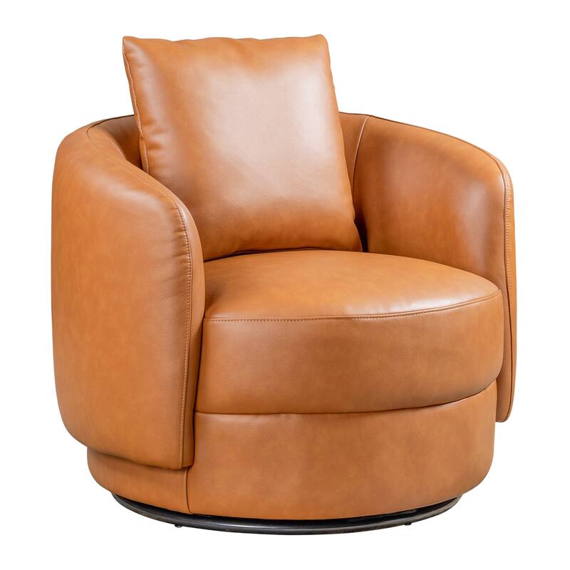 Haas Mid Century Modern Cognac Leather Swivel Barrel Chair