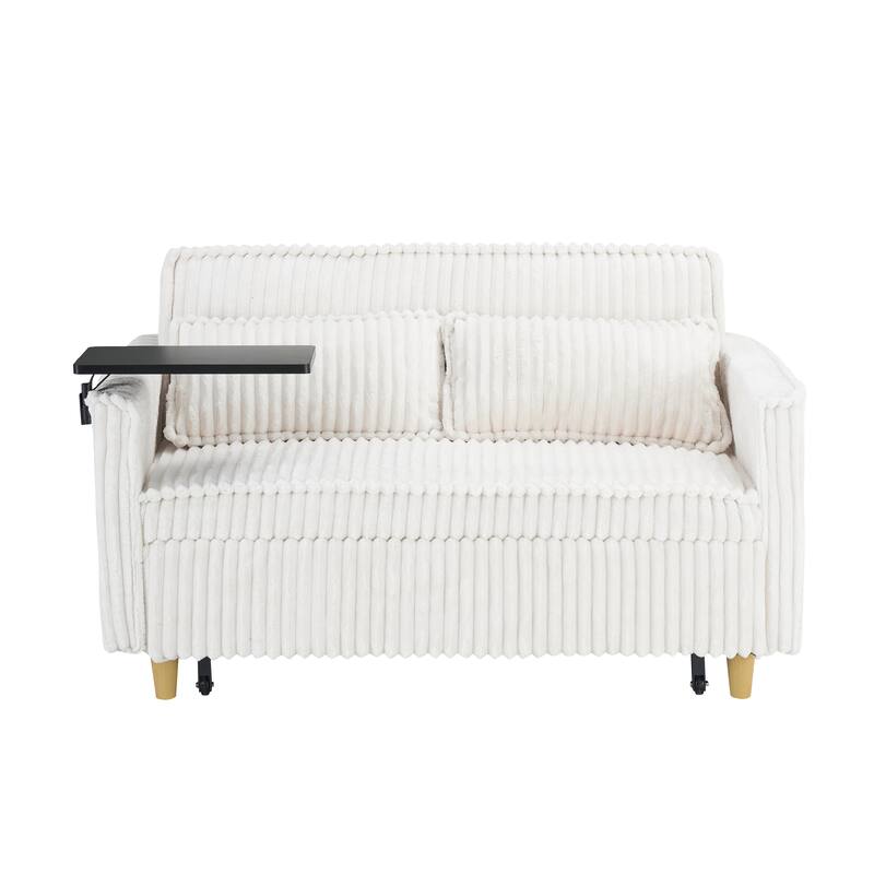 Beige Corduroy Pull-out and Push-in Sofa with Movable Tabletop and USB Ports