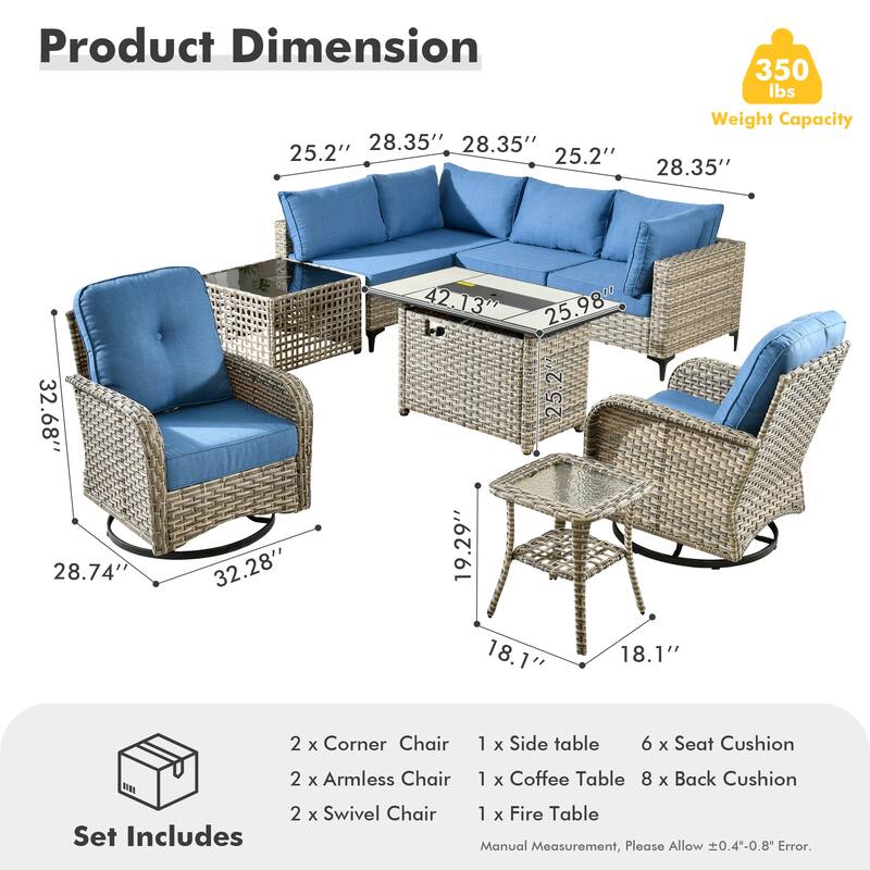 OVIOS 9 Pieces Outdoor Wicker Swivel Chair Set With Fire Table