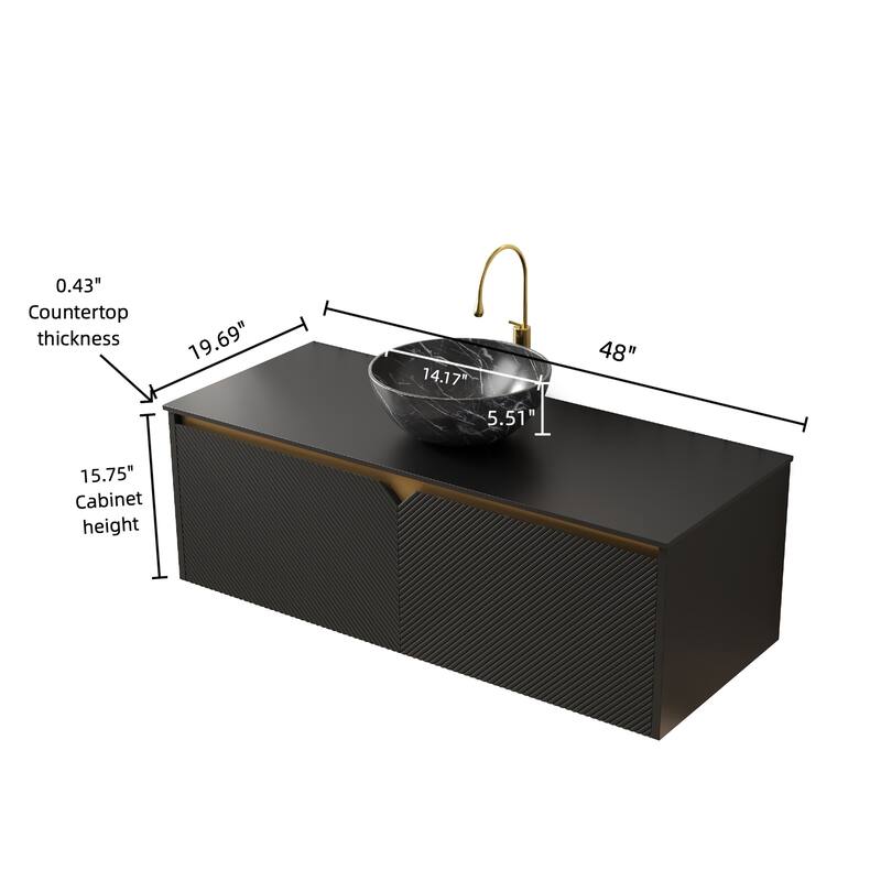 48" Bathroom Vanity&Sink,Wall-Mounted Floating Plywood Storage Cabinet,Twill Double Doors,Bowl Ceramic Vessel Basin&Stone Top