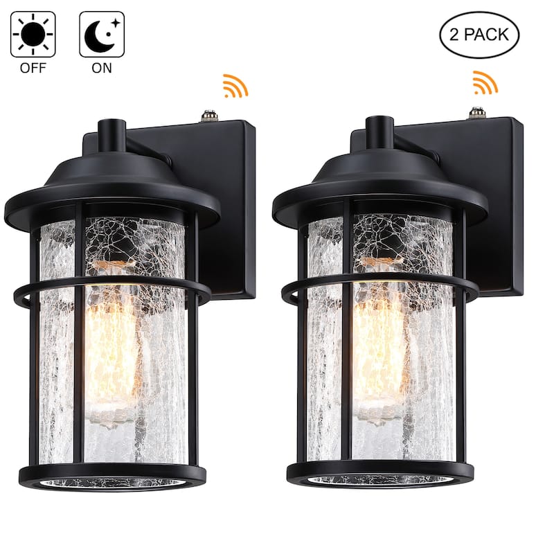 2-pack 1-Light Matte Black Finish Outdoor Wall Lantern Sconce with Crackle Glass(Dusk to Down Could be Chosen) - 11 in"-Dusk to Dawn