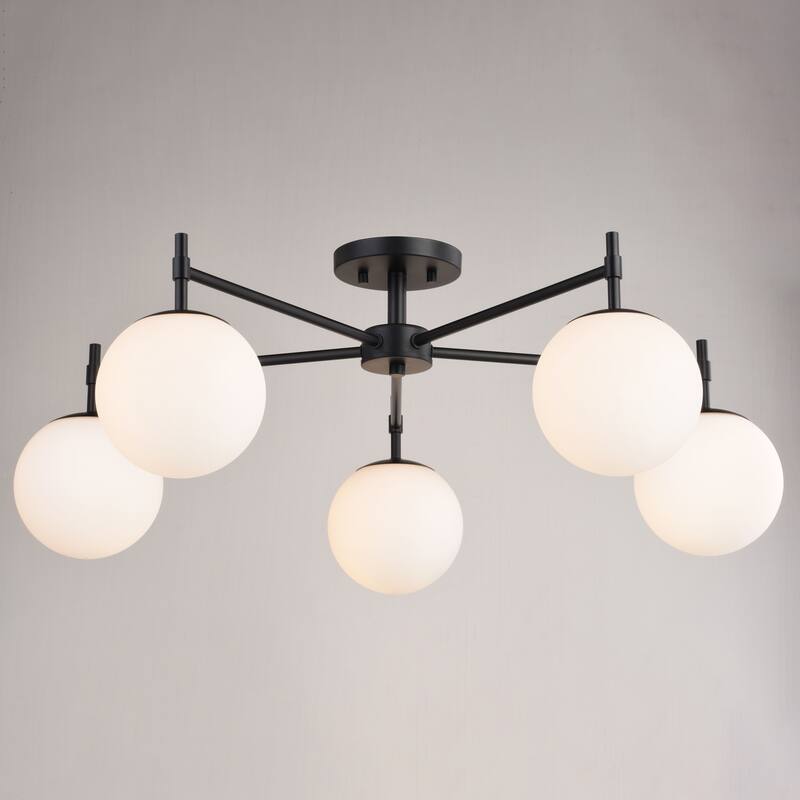 Armitage 32-in W Matte Black Semi Flush Mount Ceiling Light Fixture White Glass Globe Shade, LED Compatible