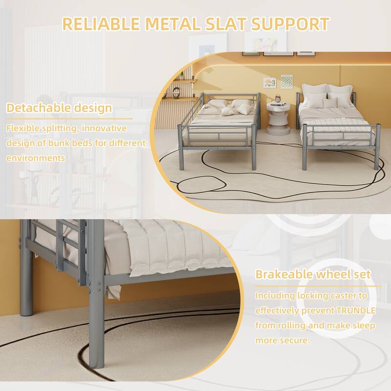 Twin Over Twin Metal Bunk Bed,Metal Structure Bedframe with Ladders & Guardrail,Convertible 2 Beds,No Spring Box Required