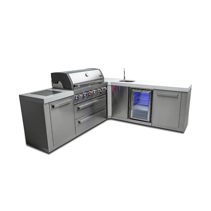 Mont Alpi MAi805-90BEV 6-Burner L-Shaped 90° Corner Stainless Steel Outdoor Kitchen Island Grill with Beverage Center - N/A