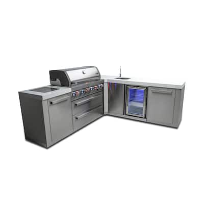 Mont Alpi MAi805-90BEV 6-Burner L-Shaped 90° Corner Stainless Steel Outdoor Kitchen Island Grill with Beverage Center - N/A