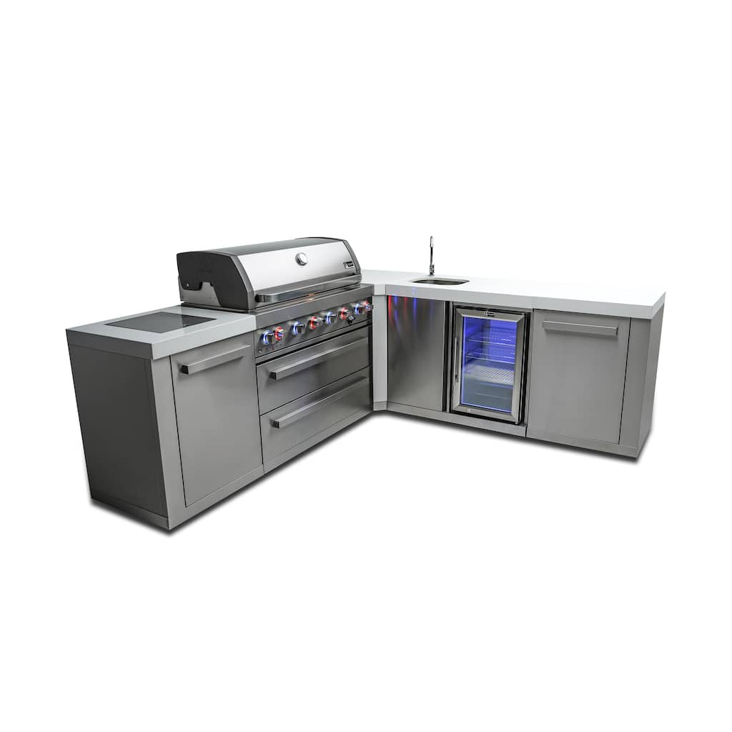 Mont Alpi MAi805-90BEV 6-Burner L-Shaped 90° Corner Stainless Steel Outdoor Kitchen Island Grill with Beverage Center - N/A