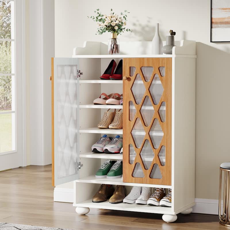 7 Tier 21 Pairs Wood Shoe Storage Cabinet with Arcylic Doors for Entryway Living Room - 7 Tier