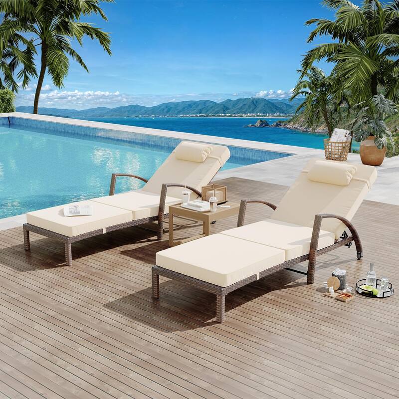 Outdoor Chaise Lounge Chairs Set of 2, Patio Rattan Reclining Chair with 5-Position Adjustable Backrest