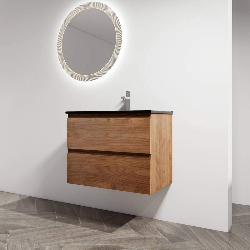 Modern 24" Floating Bathroom Vanity with Black Ceramic Basin, Soft-Close Drawers, Water-Resistant Melamine Surface