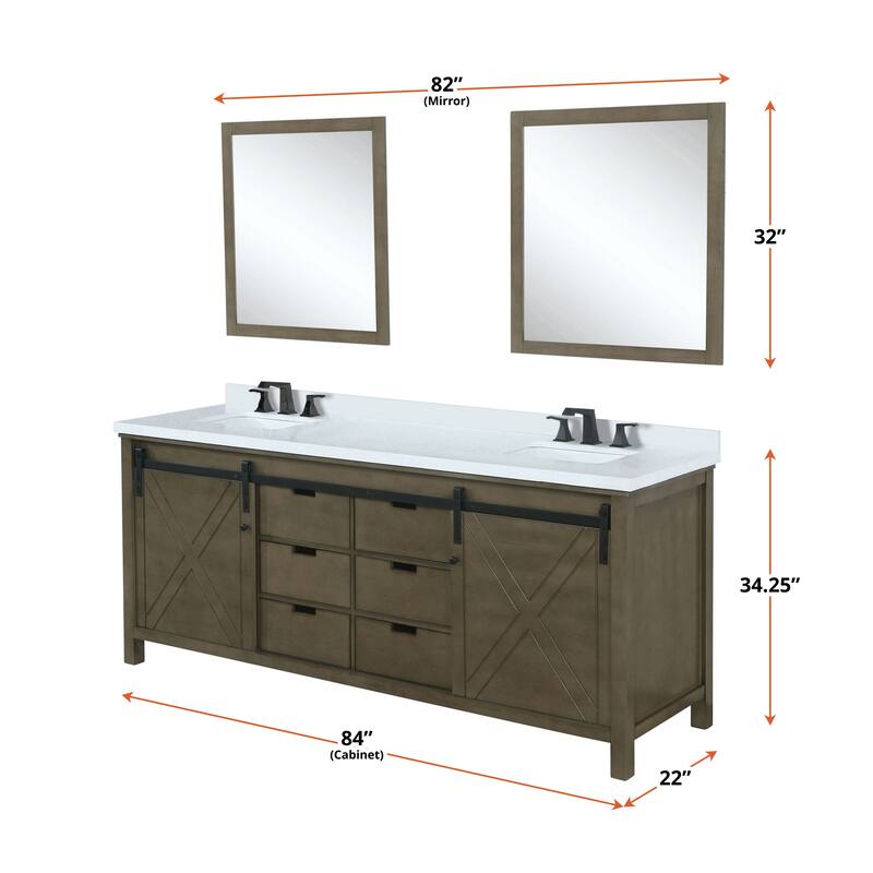 Marsyas 84 in W x 22 in D White Double Bath Vanity, Grey Quartz Countertop and 34 in Mirrors