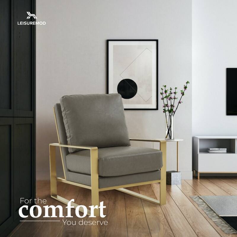Jefferson Contemporary Leather Accent Armchair with Brushed Gold Base, Removable Cushions, and Durable Spring-Supported Seat