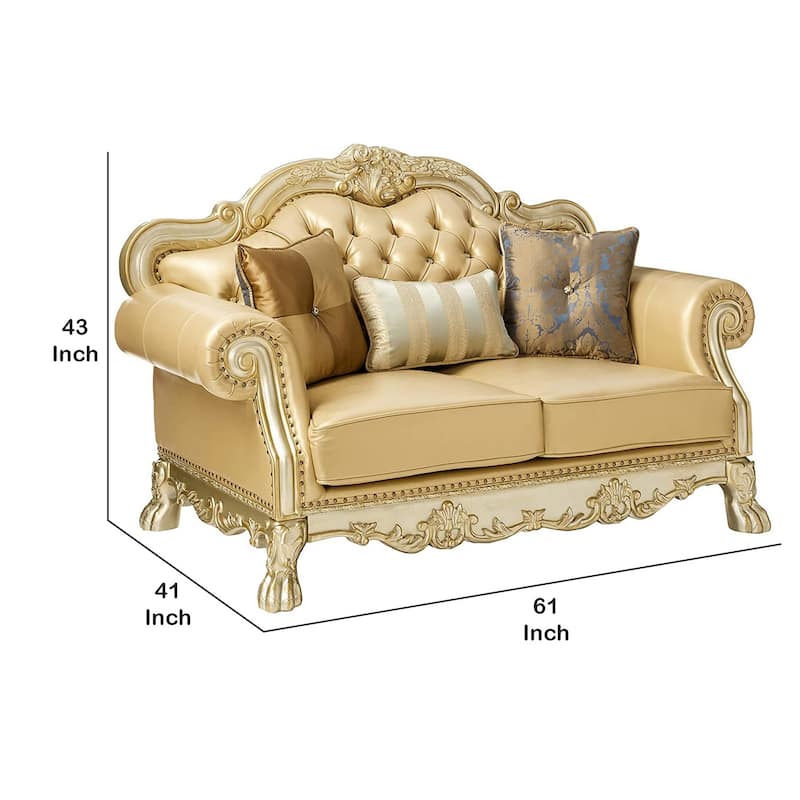 Traditional Button Tufted Leatherette Loveseat with Carved Details, Gold
