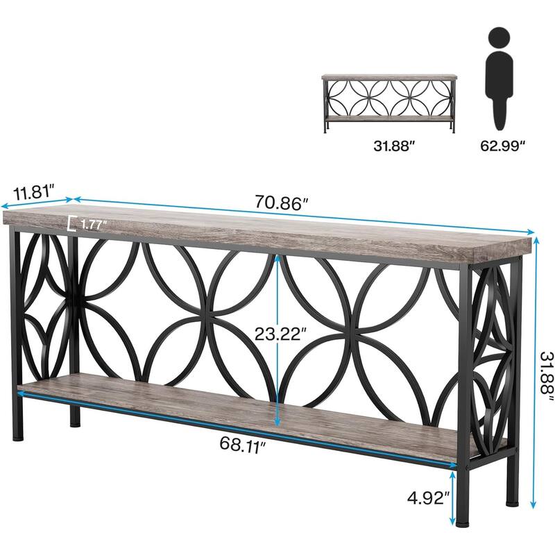 70.9 Inches Extra Long Industrial Console Table, Narrow Sofa Table Behind Couch with Open Storage Shelves, Metal Frame