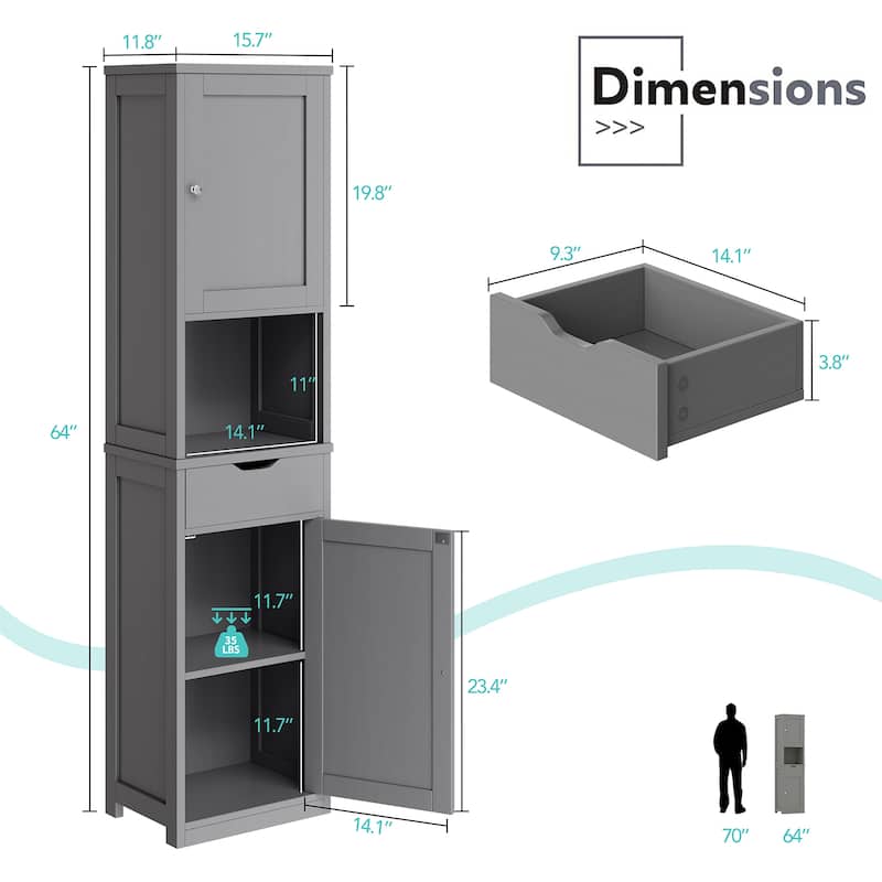 Futzca Tall Bathroom Storage Cabine, 64”H Freestanding Narrow Storage Pantry Cabinet