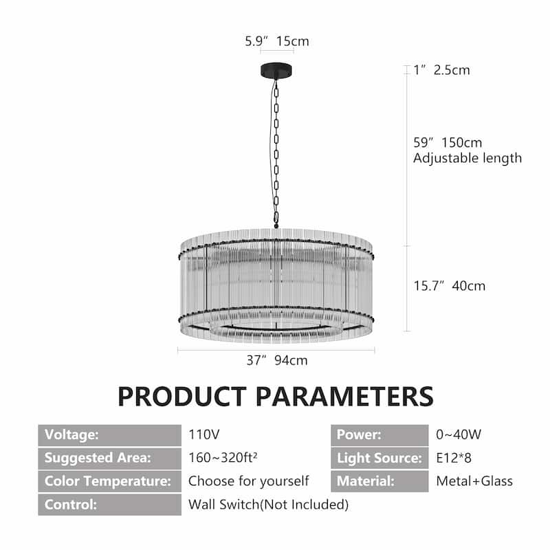 Anmytek 37 Inch Black 2-Tier 8-Light Water Ripple Crystal Chandelier for Dining Room Living Room - 37 Inch
