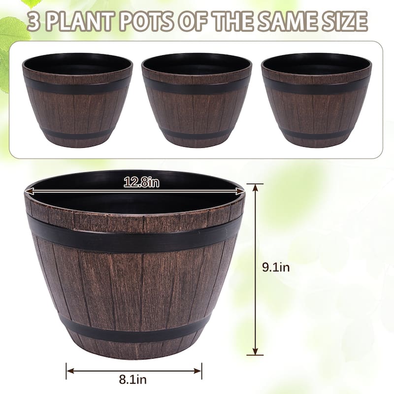 Javlergo 3 Pack 13" Planter Plastic Whiskey Barrel Planter with Drainage Holes & Black Saucers for Indoor Outdoor Use