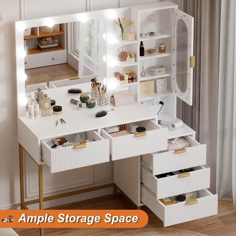 Makeup Vanity Desk with LED Lighted Mirror, USB, Power Outlets, 5 Drawers, 3 Shelves