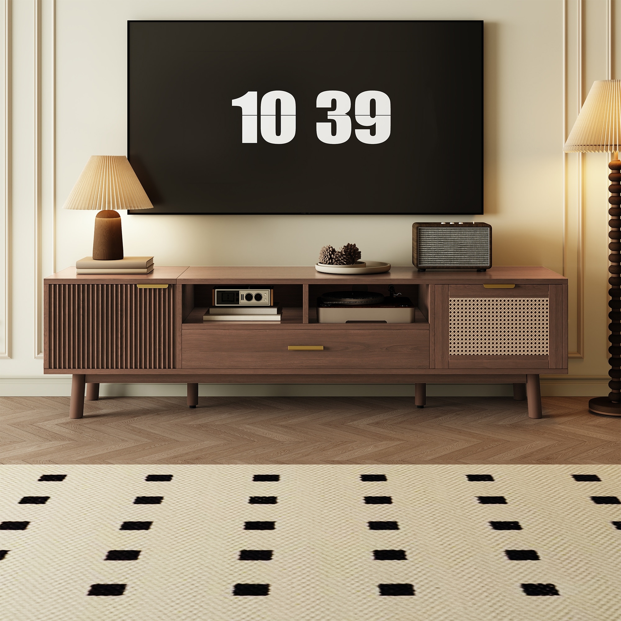 Wood TV Stand for 75" TVs, Rattan Cabinet TV Cabinet with Soft-Closing Door & Drop-Down Door for Living Room, Solid Wood Legs