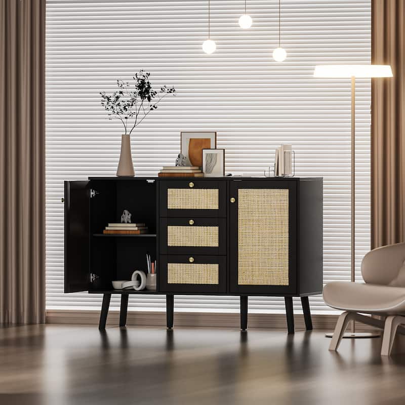 Anmytek Modern Wood Rattan Black Buffet Sideboard Accent Storage Cabinet with 3 Drawers and 2 Doors