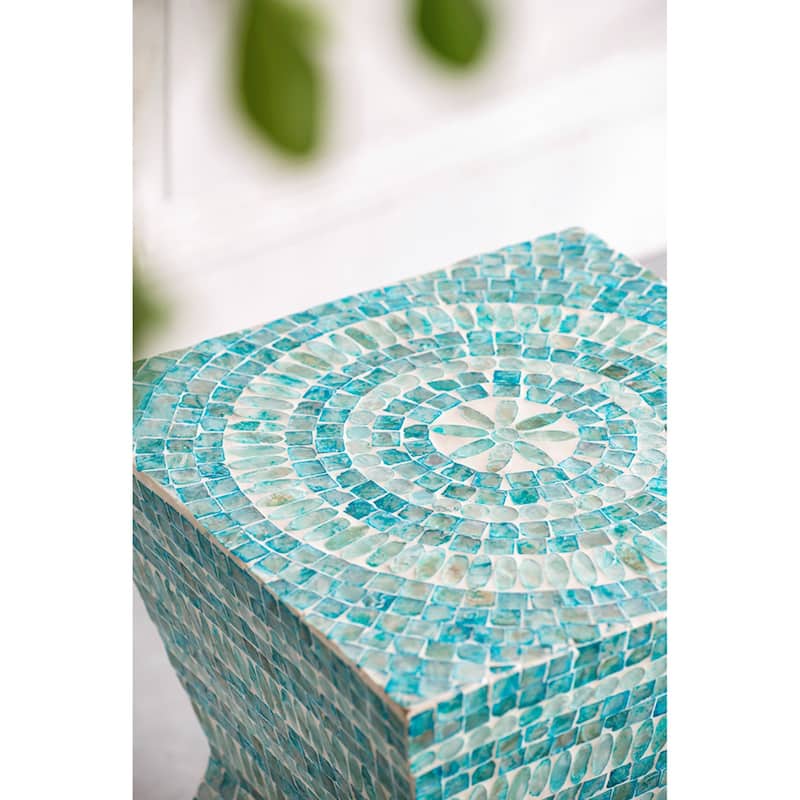 Hourglass Style Geometric Inlay Accent Stool - 17.75" - Turquoise Blue and White