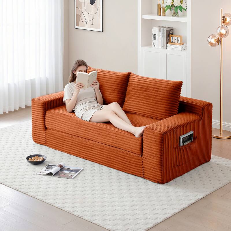 Memory Foam Cloud Loveseat Sofa, 2 in 1 Convertible Folding Couch Bed, No Assembly Compressed Corduroy Floor Lounge Sofa
