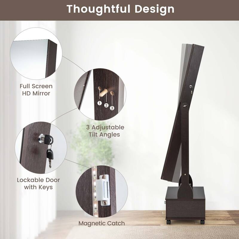 Costway Jewelry Cabinet Armoire Full-Length Mirror Lockable with - See Details