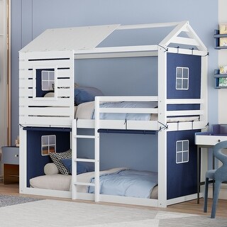 Impression & Beautiful Playhouse Twin Size Bunk Bed with Tent, Sturdy Construction & Unique Design, Spacious Space, Blue+White