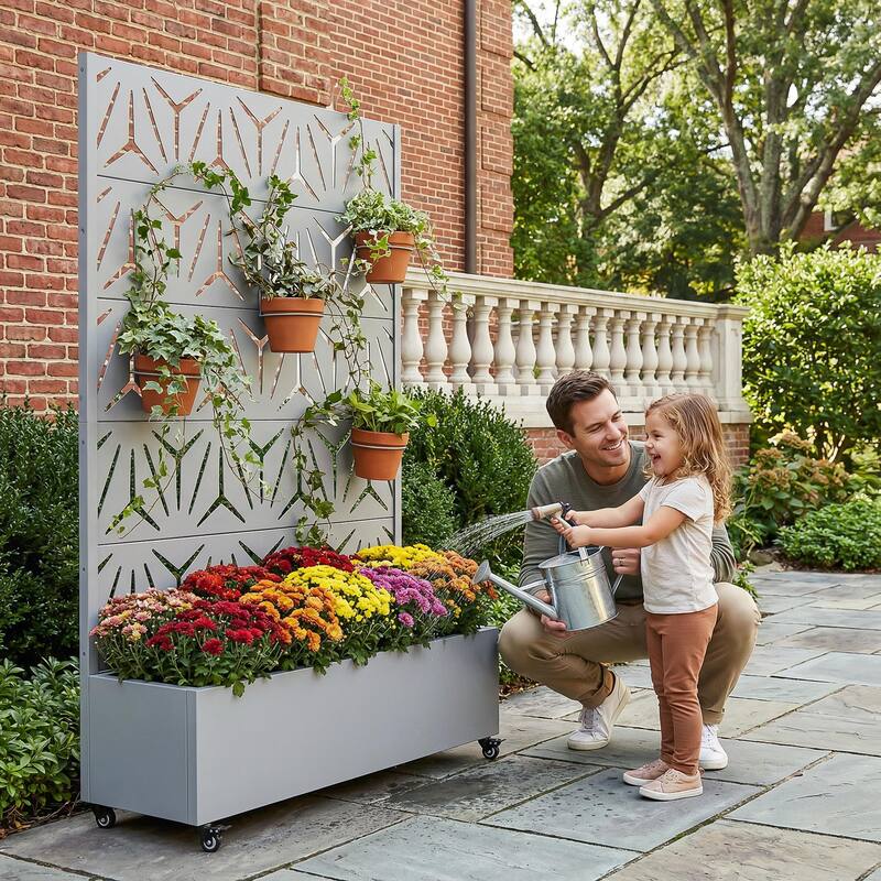 Metal Galvanized Planter Box with Trellis Privacy Screen Lockable Wheels