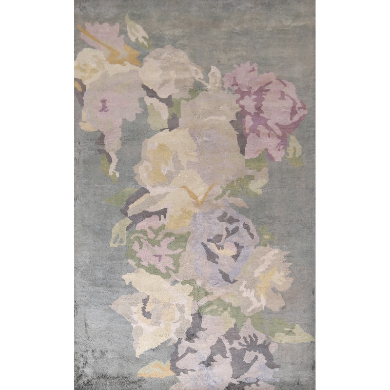 Handmade Gray Abstract Indian Area Rug Oriental Wool & Silk Carpet - 5'5"x 8'4"