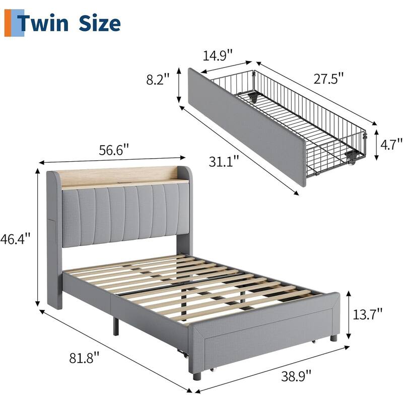 Upholstered Platform Beds with Drawers, Storage Headboard, Charging Station, Grey