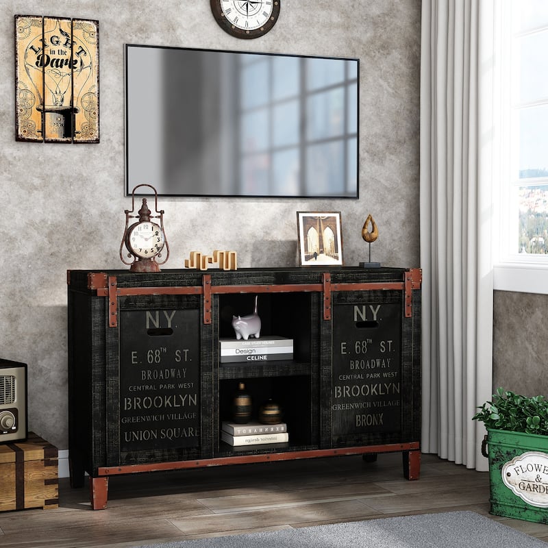 Industrial TV Stand for 55" TV,Rustic Barn Door Storage Cabinet, Black - Black