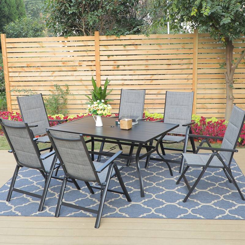 7-Piece Patio Dining Set of Foldable & 7-Angle Adjustable Padded Patio Dining Chairs and 3 Kinds of Patio Tables