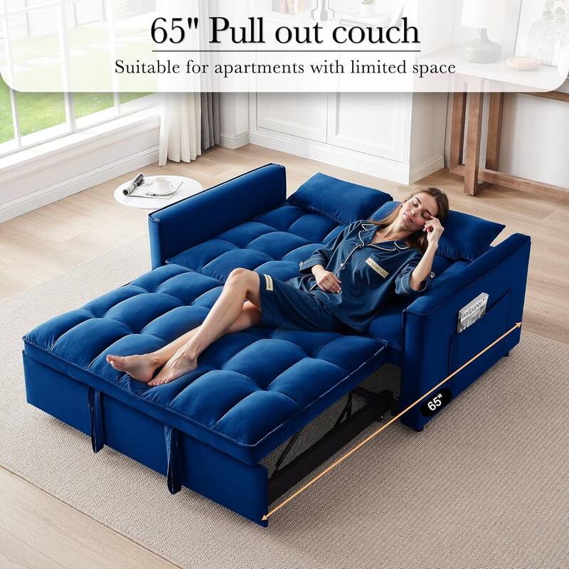 3 in 1 Convertible Sleeper Sofa Bed, Futon Couches for Living Room with Side Pocket, Adjustable Backrest