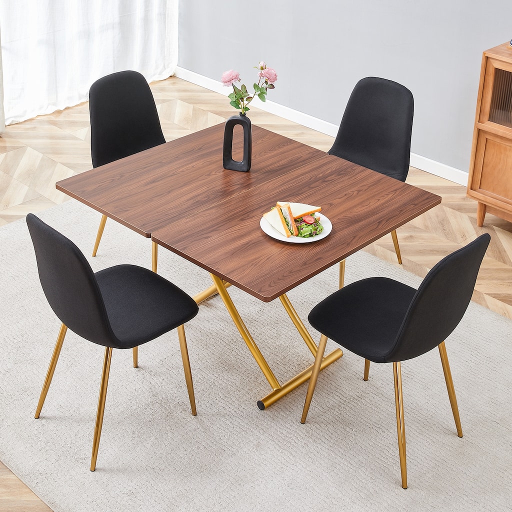 5-Piece Modern Lift-Top Table Set with Gold Legs, Includes 4 Black Linen Fabric Chairs, Stylish Dining Set for Kitchen