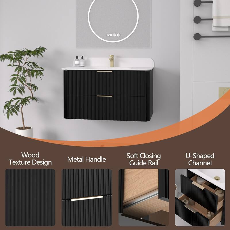 30" Floating Bathroom Vanity with Integrated countertop Rectangulare Sink Solid Wood