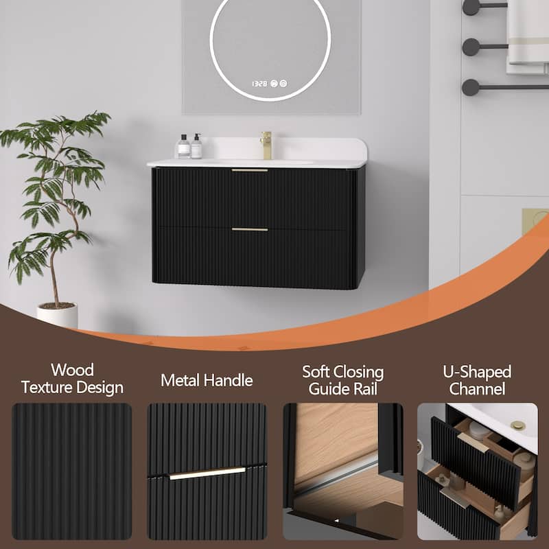 36" Floating Bathroom Vanity with Integrated countertop Rectangulare Sink Solid Wood