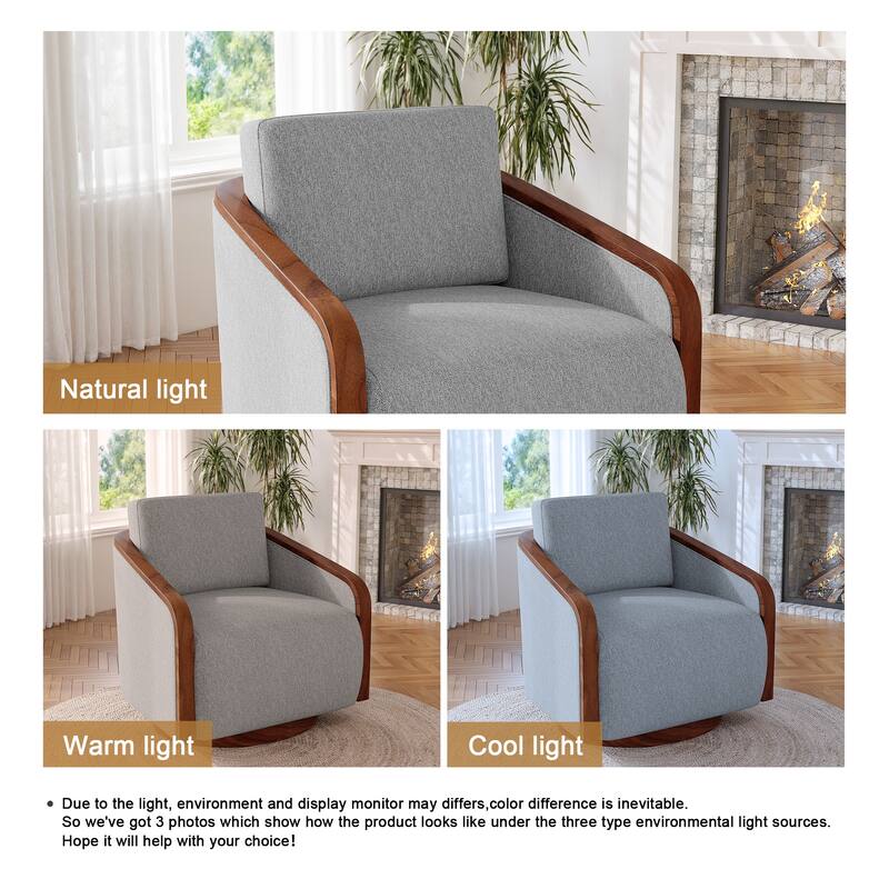 Upholstered Swivel Barrel Chair with Curved Wood Arms